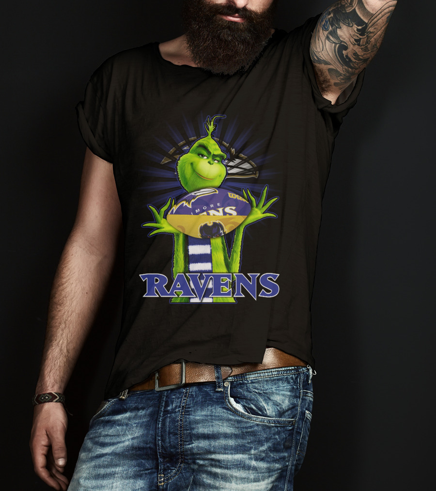 Grinch Holding Baltimore Ravens Football With Ravens Text T-Shirt