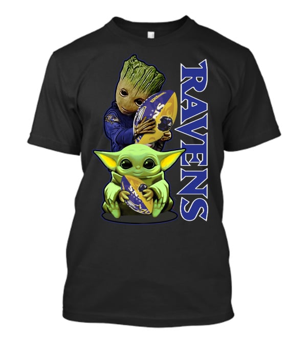 Grzd Baltimore Ravens Baby Yoda And Groot Ravens Football T-Shirt