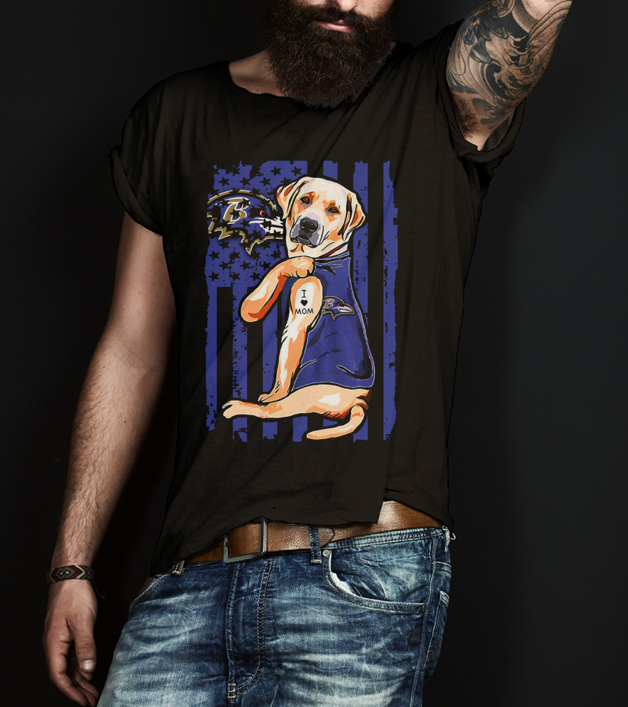 Labrador Retriever In Baltimore Ravens Jersey With I Love Mom Tattoo T-Shirt