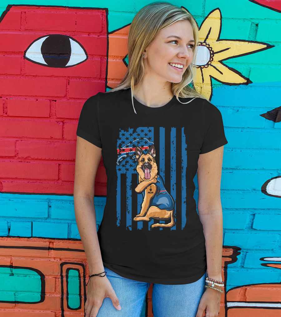 German Shepherd I Love Mom Buffalo Bills USA Flag T-Shirt