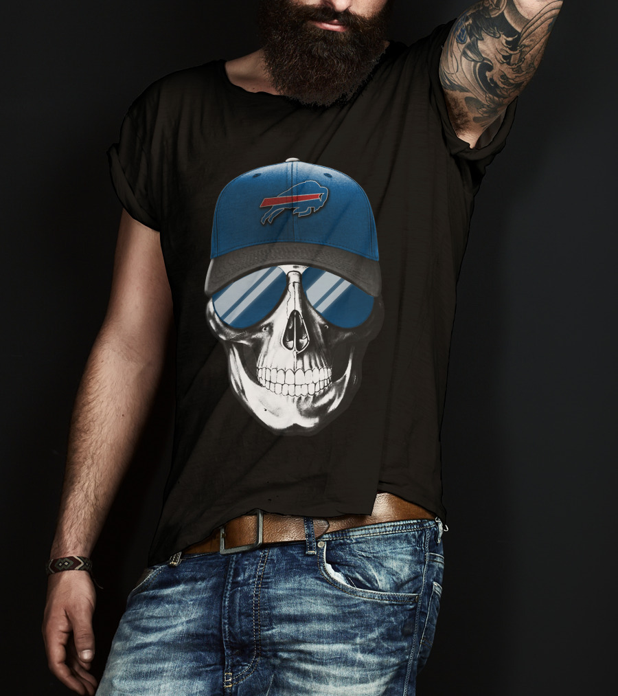 Buffalo Bills Skull With Blue Cap And Sunglasses Iconic T-Shirt