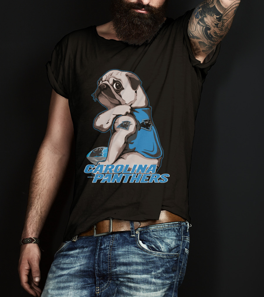 Pug Wearing Carolina Panthers Jersey With Football And Team T-Shirt