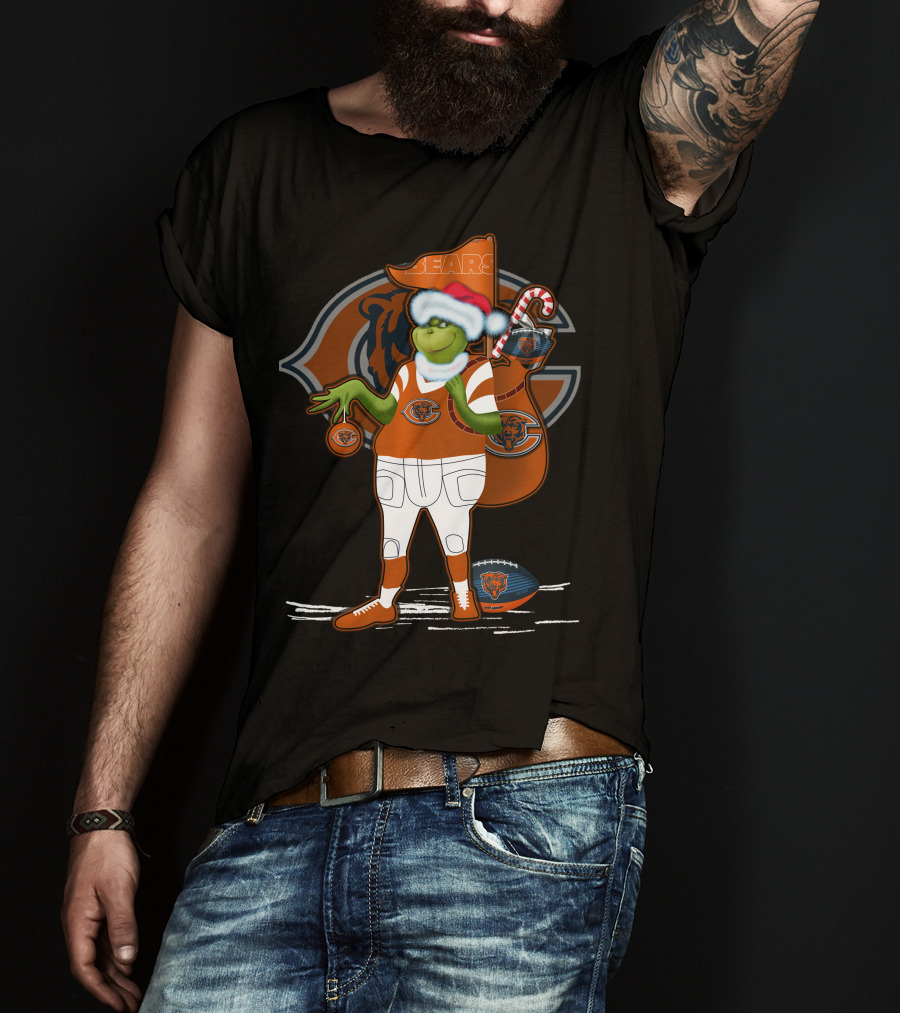 Grinchxmas Chicago Bears Santa Hat Candy Cane Football Sack T-Shirt