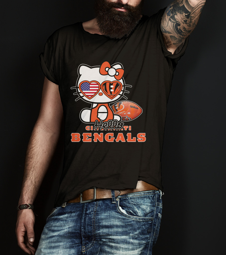 Hello Kitty Cincinnati Bengals Football Heart Glasses USA Flag T-Shirt