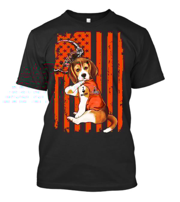 Beagle I Love Mom Cleveland Browns Football Helmet And Stripes T-Shirt