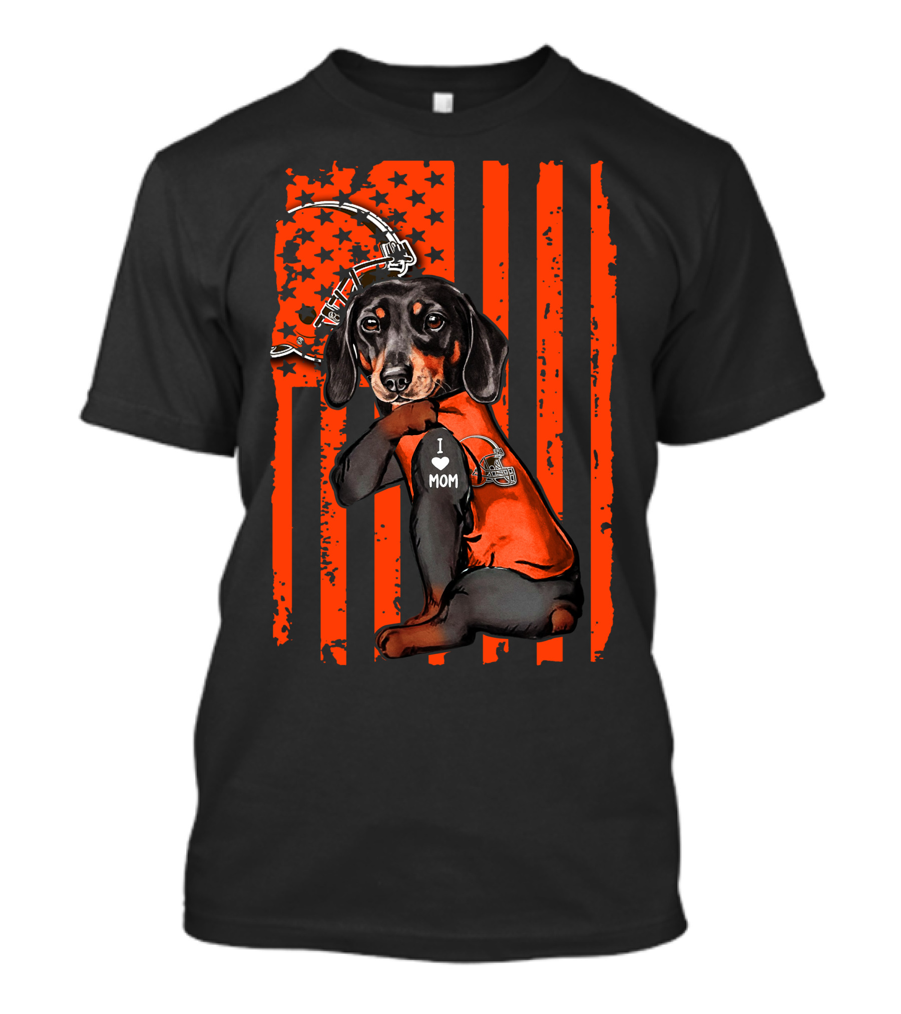 Dachshund I Love Mom Cleveland Browns Pawprint And Helmet Icon Orange USA Flag T-Shirt
