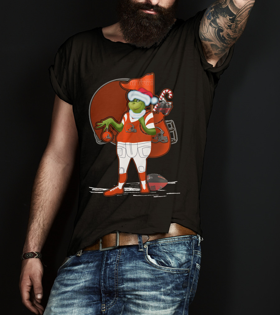Grinchxmas Cleveland Browns Festive Football Santa With Helmet And Candy Cane T-Shirt