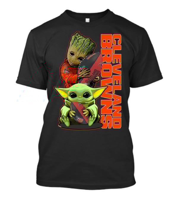 CLEVELAND BROWNS Groot And Baby Yoda Holding Football T-Shirt