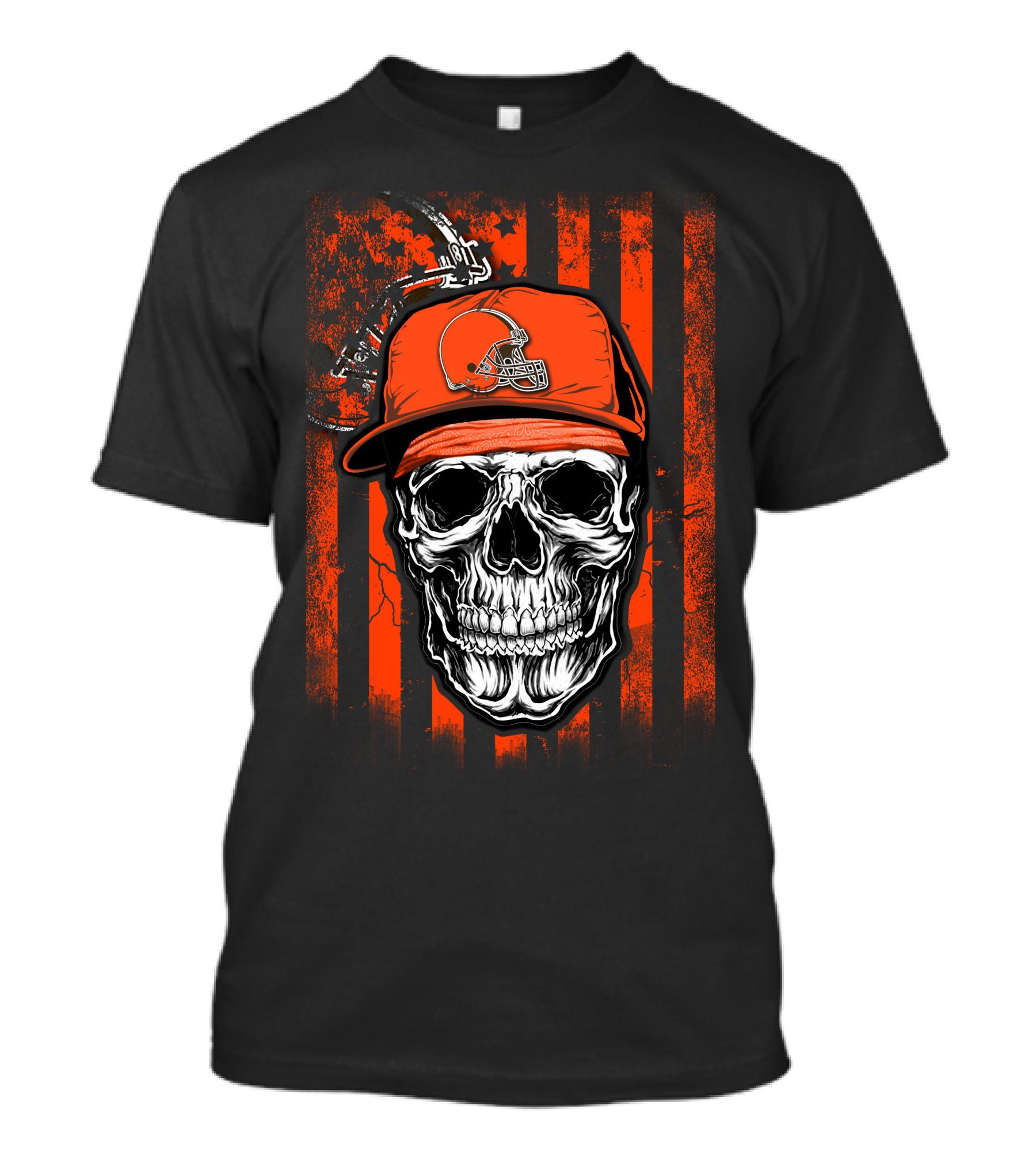 Cleveland Browns Skull Helmet Hat Orange Black Stripes T-Shirt