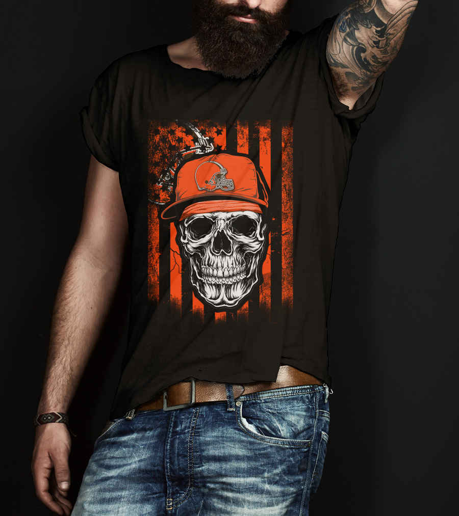 Cleveland Browns Skull Helmet Hat Orange Black Stripes T-Shirt