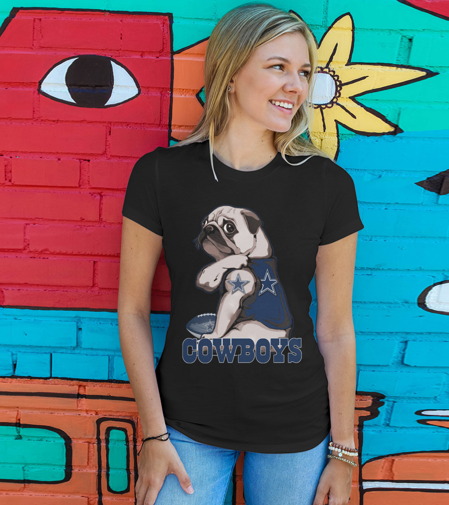 Pug Wearing Dallas Cowboys Jersey With Stars And Football T-Shirt