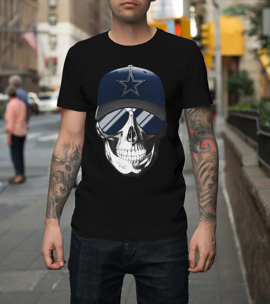 Skull Wearing Dallas Cowboys Hat And Sunglasses T-Shirt