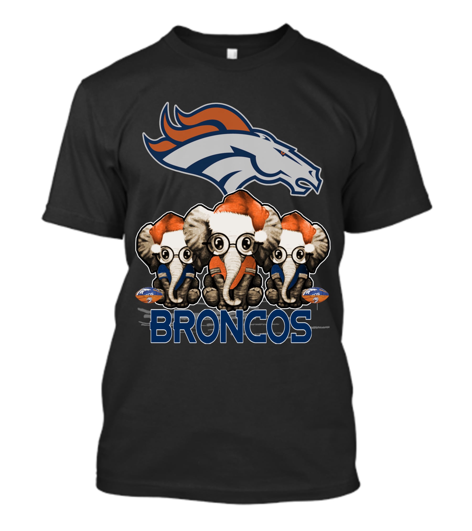 DENVER BRONCOS Christmas Elephants With Santa Hats T-Shirt