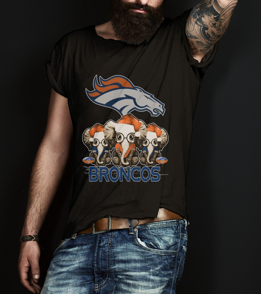DENVER BRONCOS Christmas Elephants With Santa Hats T-Shirt