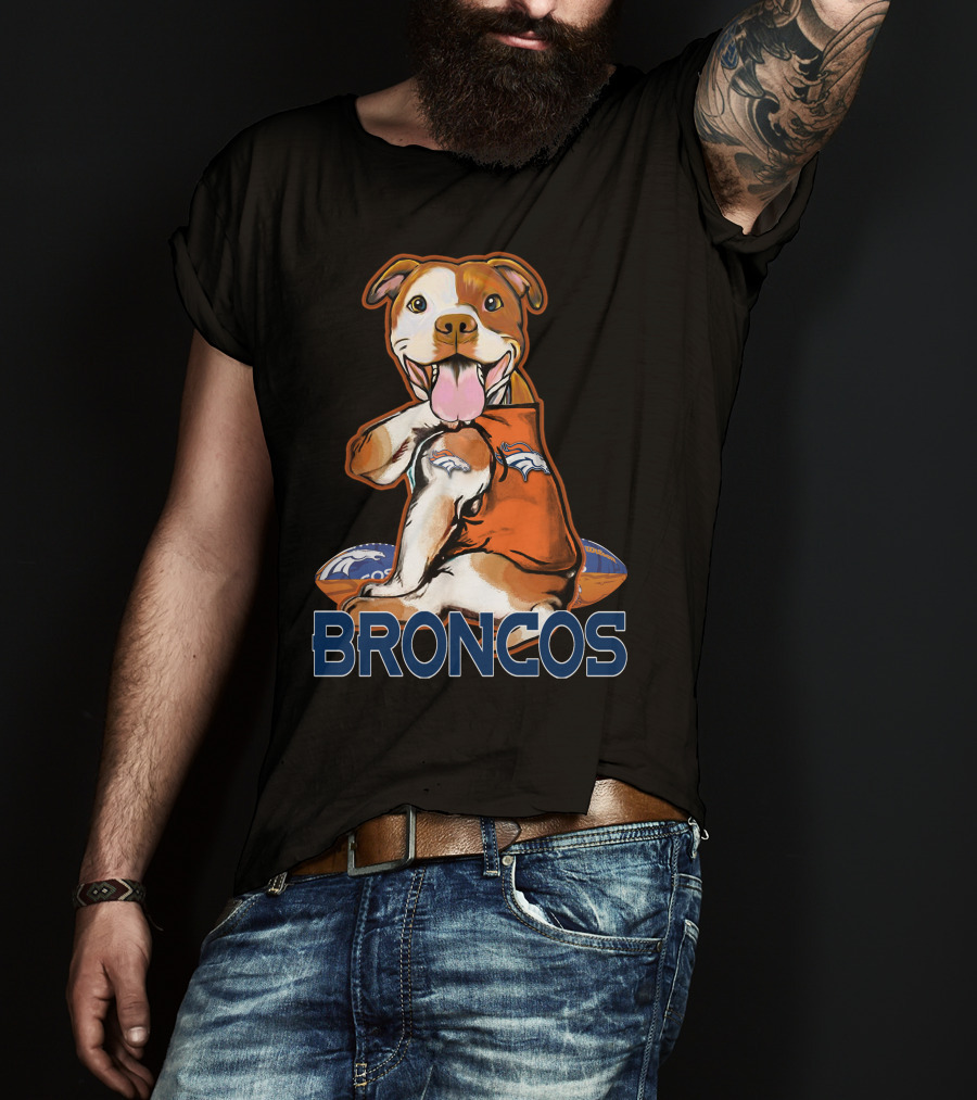 Pittbull Wearing Denver Broncos Jersey With Football And Broncos Text T-Shirt