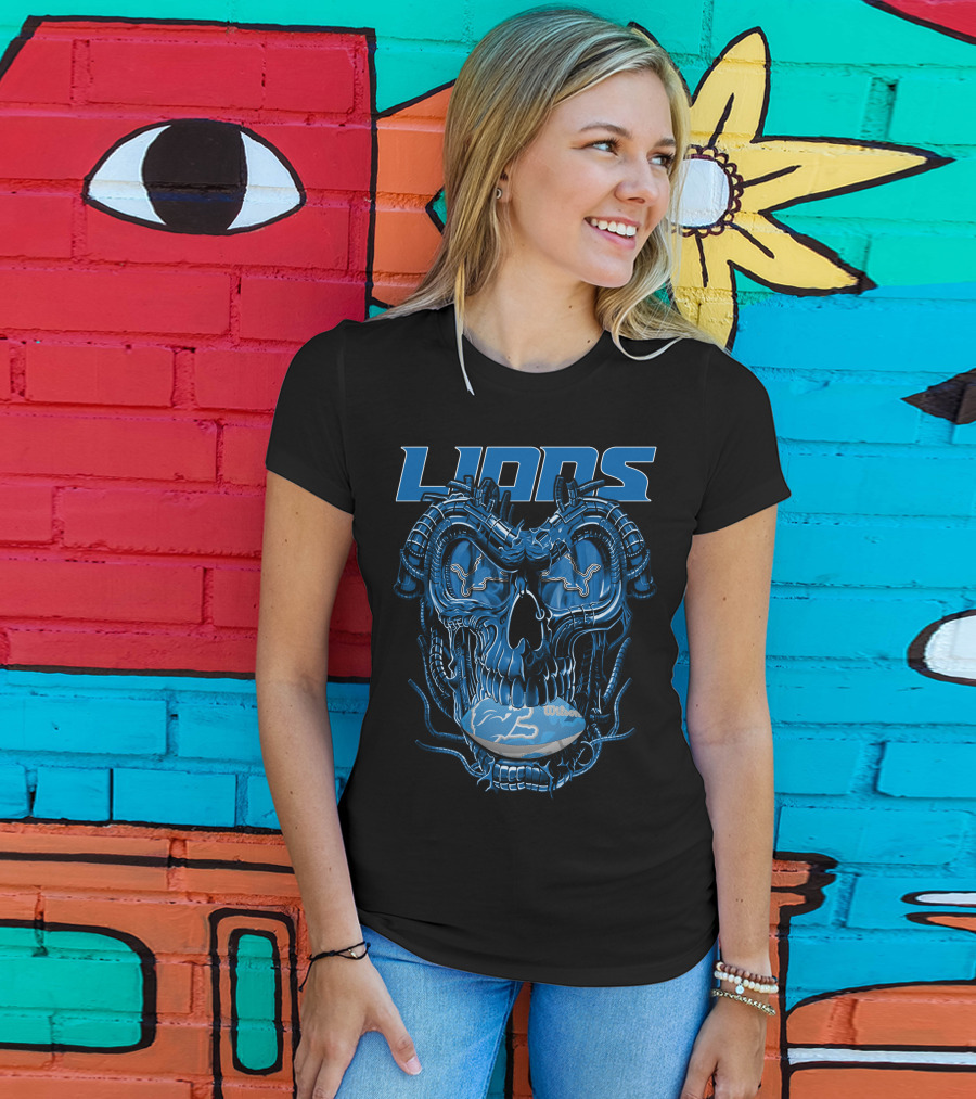 Dragonskull Lions With Detroit Football Helmet And Wilson Blue Embellishments T-Shirt