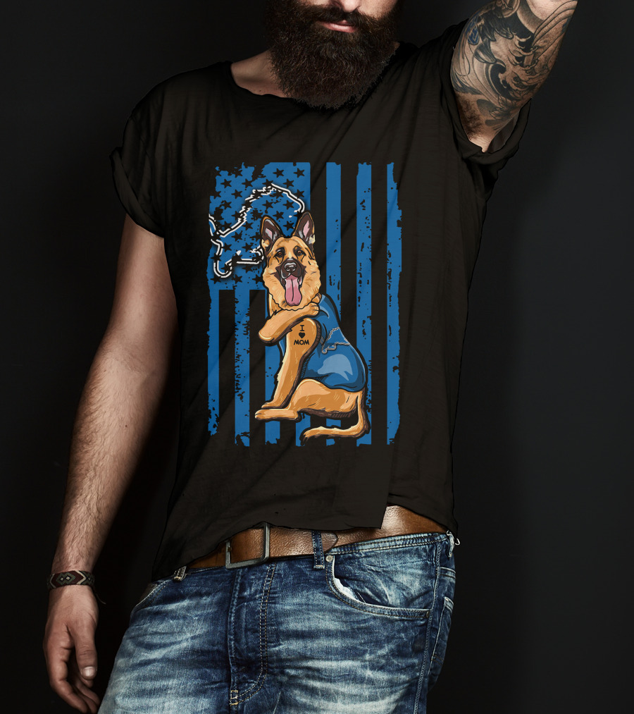 German Shepherd Wearing Detroit Lions Blue With Flag And Lion T-Shirt