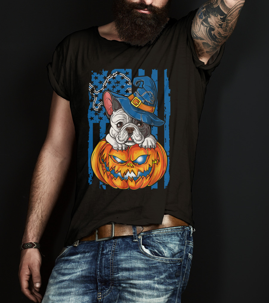 Hlw Bulldog Halloween Detroit Lions Pumpkin Wizard T-Shirt