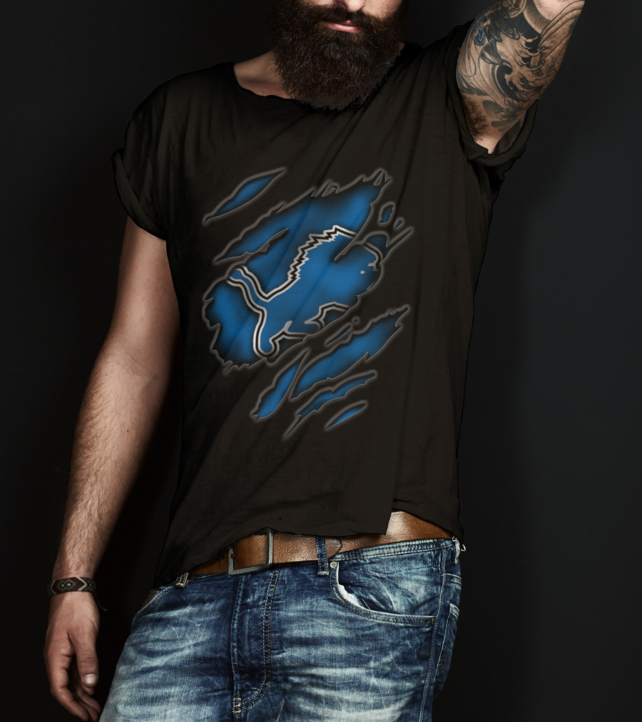 Torn Detroit Lions Blue And Black Rips T-Shirt