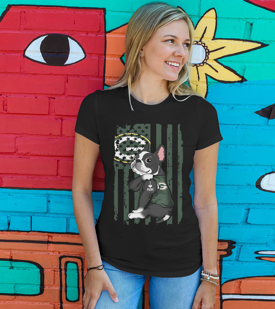 Boston Terrier I Love Mom Green Bay Packers Football Fan T-Shirt