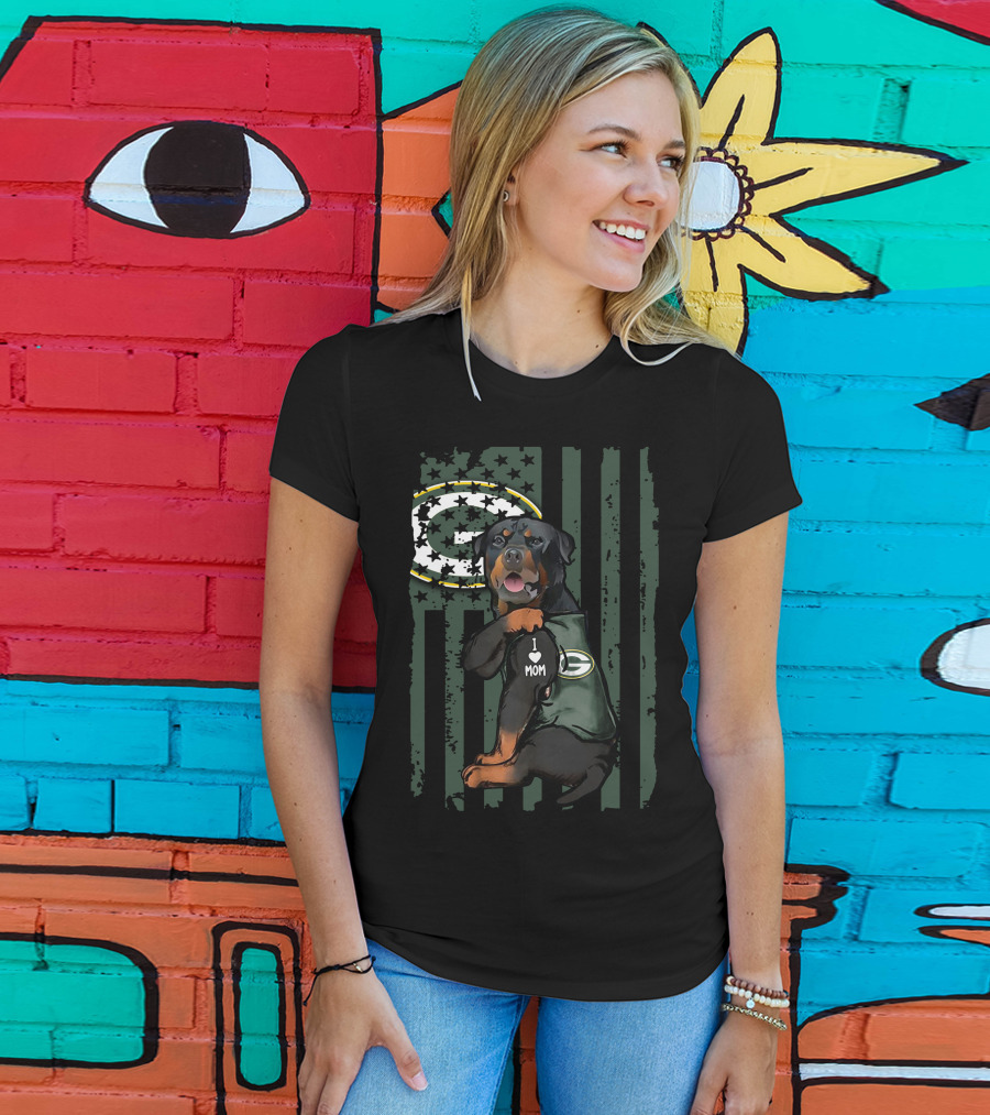 Rottweiler I Love Mom Green Bay Packers Logo Patriotic Flag T-Shirt