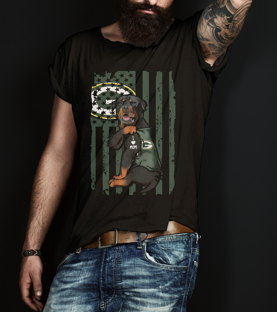 Rottweiler I Love Mom Green Bay Packers Logo Patriotic Flag T-Shirt