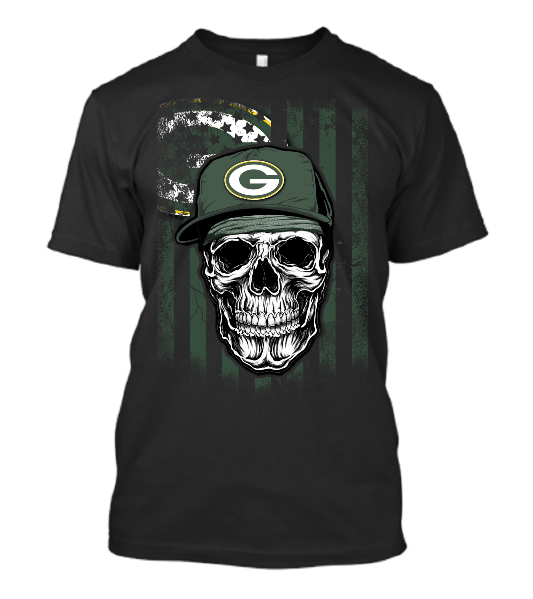 Skull Green Bay Packers Hat With American Flag Background T-Shirt
