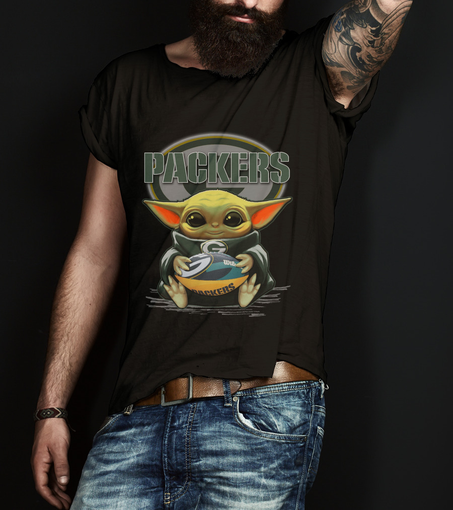 Packers Baby Yoda Holding Green Bay Football T-Shirt