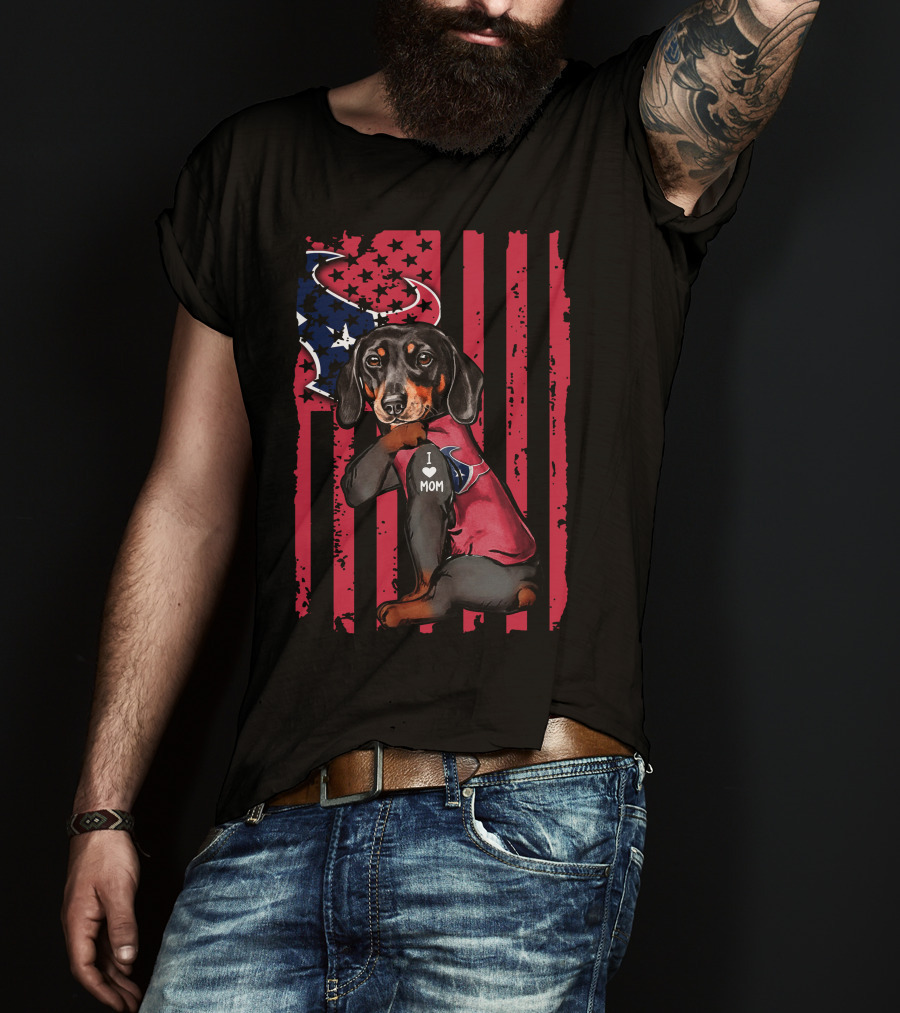 Dachshund I Love Mom Houston Texans Usa Flag Football T-Shirt