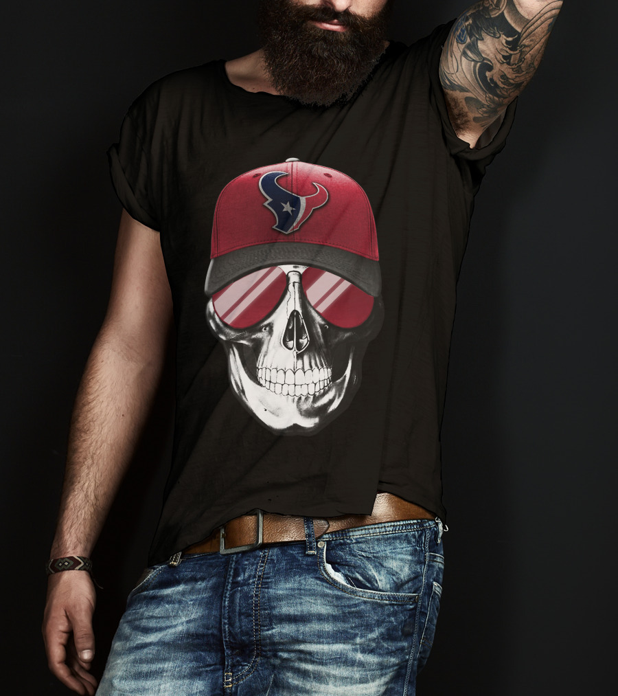Skull With Red Cap Featuring Houston Texans Logo And Reflective Sunglasses T-Shirt