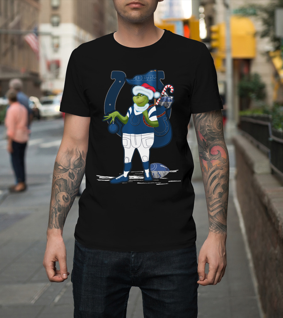 Grinchxmas Indianapolis Colts Santa Hat Candy Cane Football T-Shirt