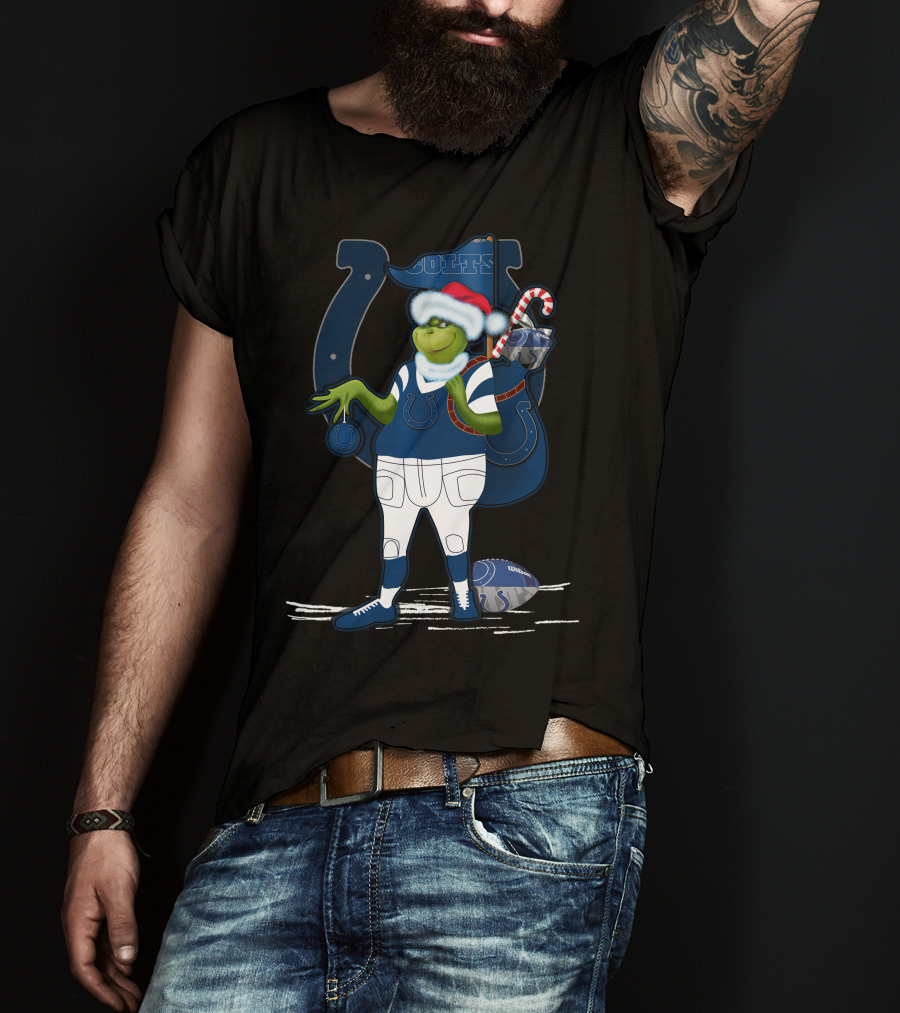 Grinchxmas Indianapolis Colts Santa Hat Candy Cane Football T-Shirt