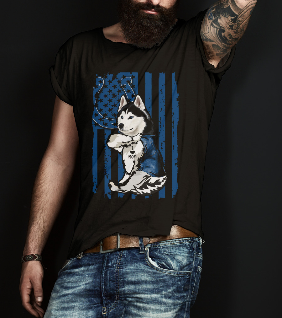 Siberian Husky Mom Colts American Flag T-Shirt