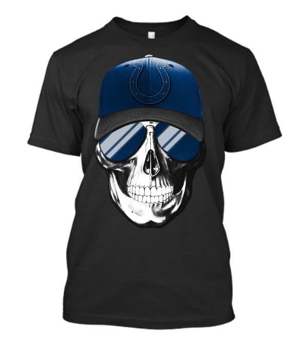 Indianapolis Colts Skull With Blue Cap And Sunglasses T-Shirt