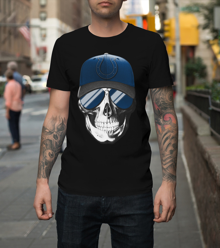 Indianapolis Colts Skull With Blue Cap And Sunglasses T-Shirt