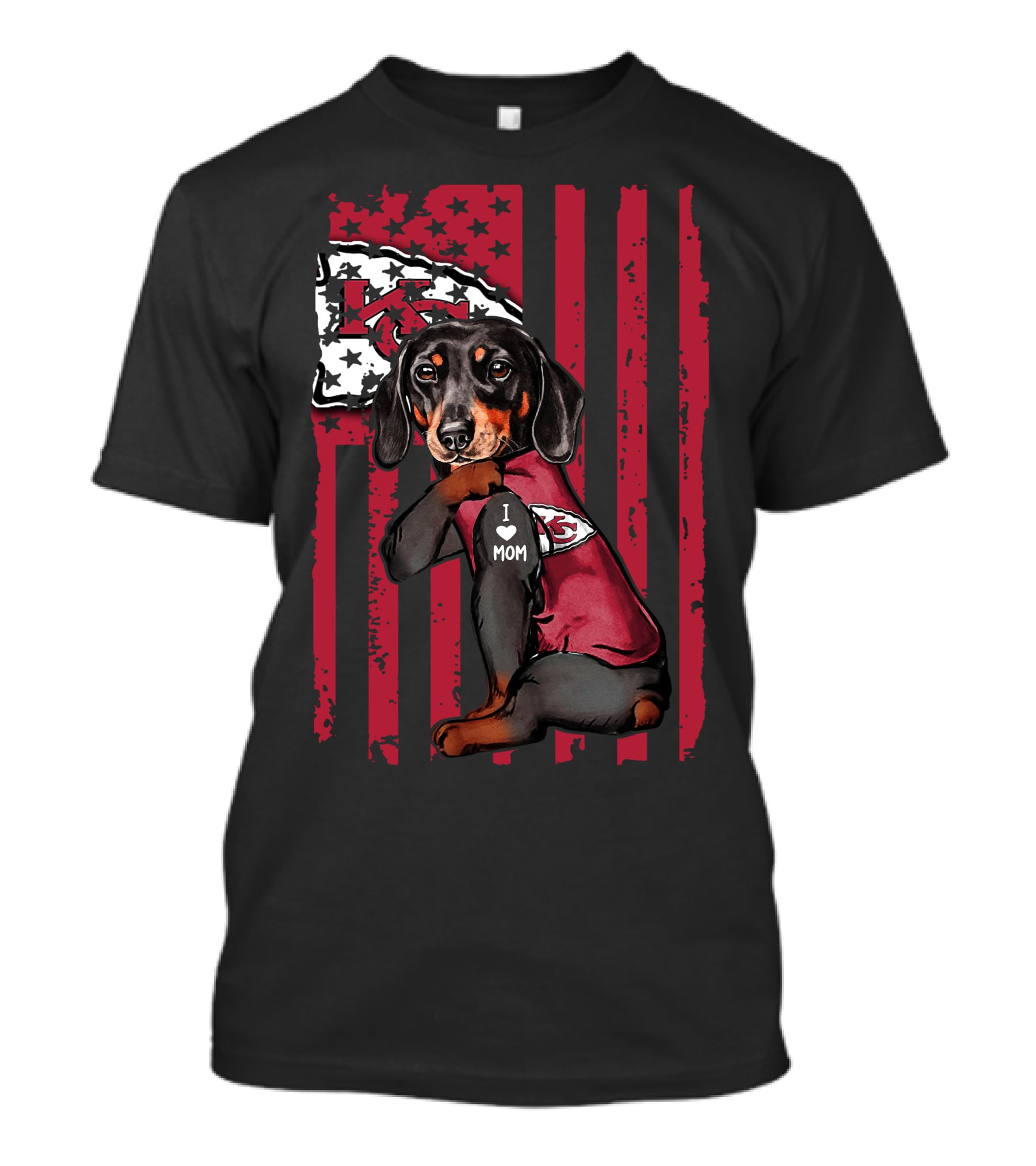 Dachshund I Love Mom Kansas City Chiefs Red Stripes T-Shirt