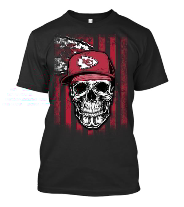 Kansas City Chiefs Skull With Red Hat And Flag Background T-Shirt