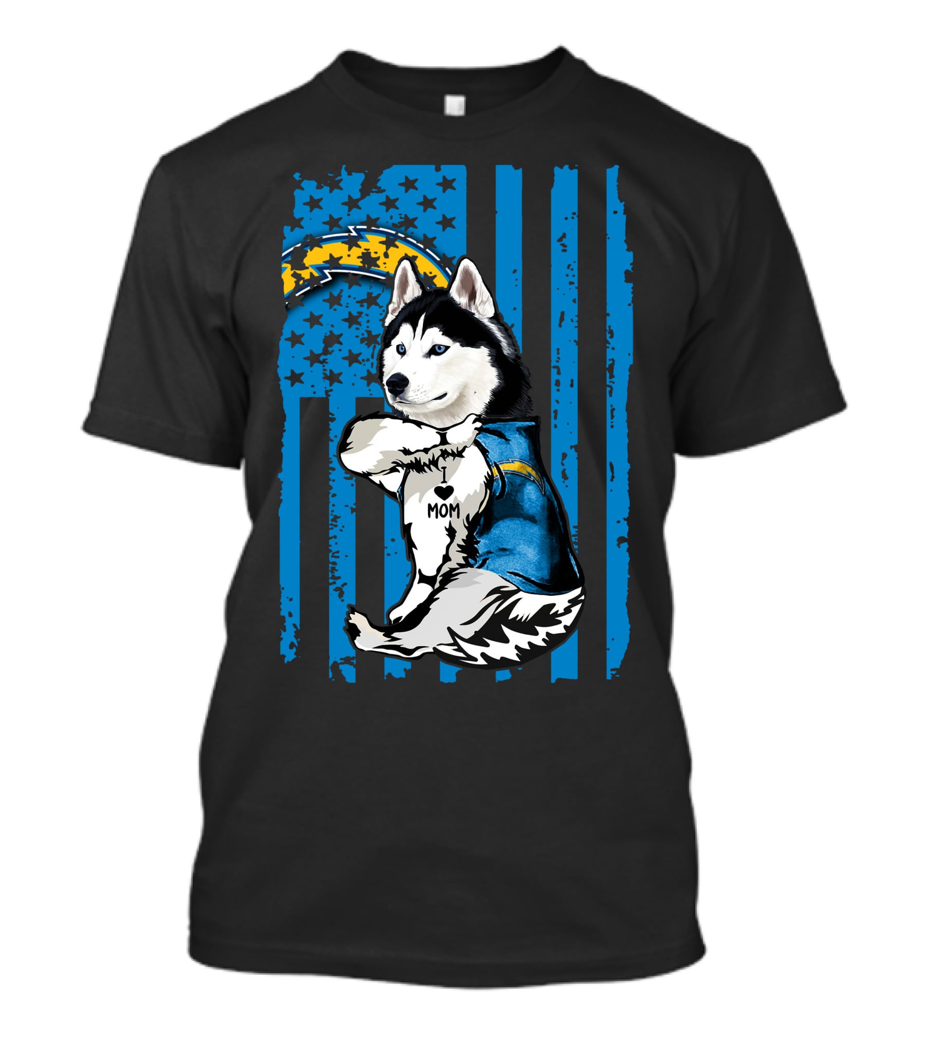 Siberian Husky I Love Mom Los Angeles Chargers Blue Stars T-Shirt