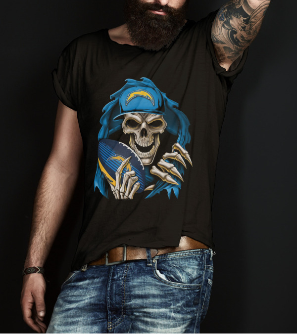 Skullbong Los Angeles Chargers Skeleton Holding Football With Blue Hood And Cap T-Shirt