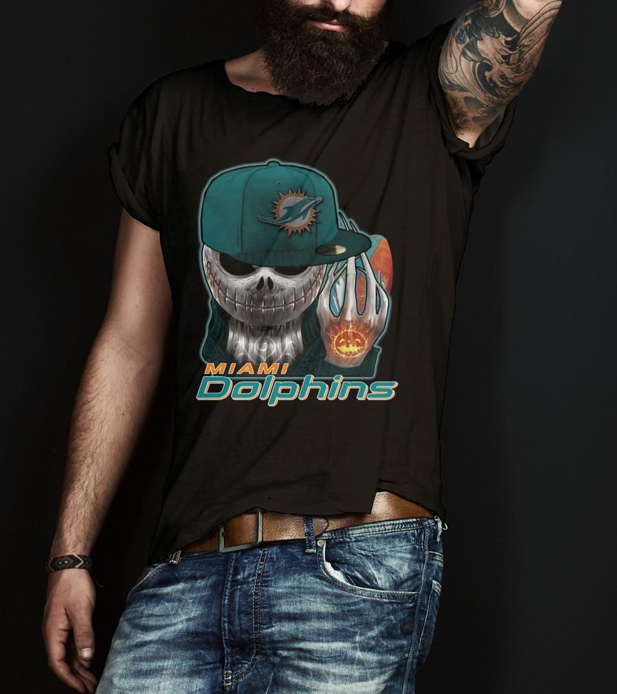 Miami Dolphins Skull With Jack-O'-Lantern Glove T-Shirt