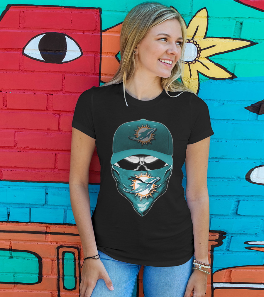 Skull Miami Dolphins Logo Hat And Bandana T-Shirt