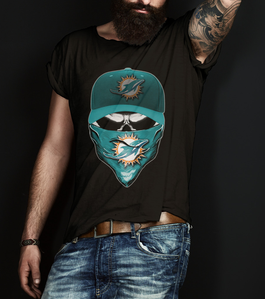 Skull Miami Dolphins Logo Hat And Bandana T-Shirt