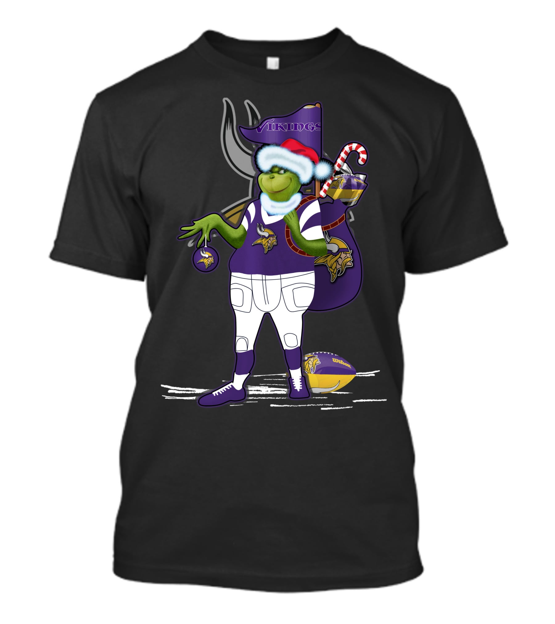 Grinchxmas Minnesota Vikings Santa Hat Candy Cane Football T-Shirt