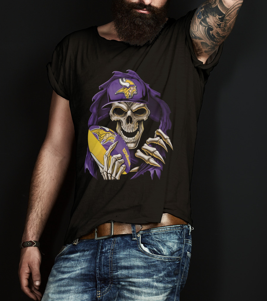 Minnesota Vikings Skull With Football And Cap T-Shirt