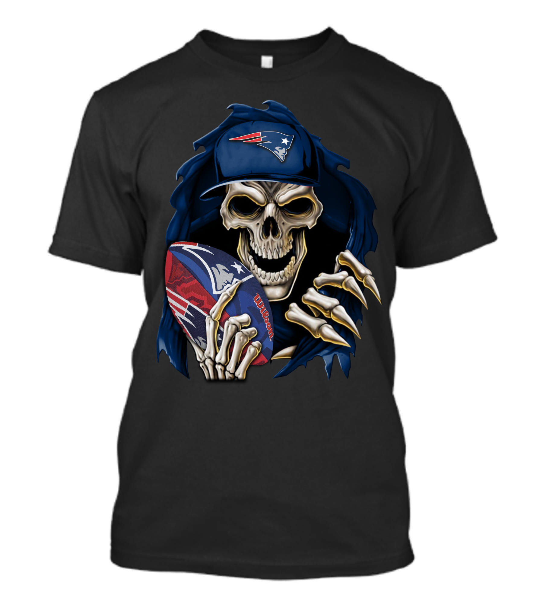 Skullbong New England Patriots Skeleton With Cap Holding Wilson Football T-Shirt