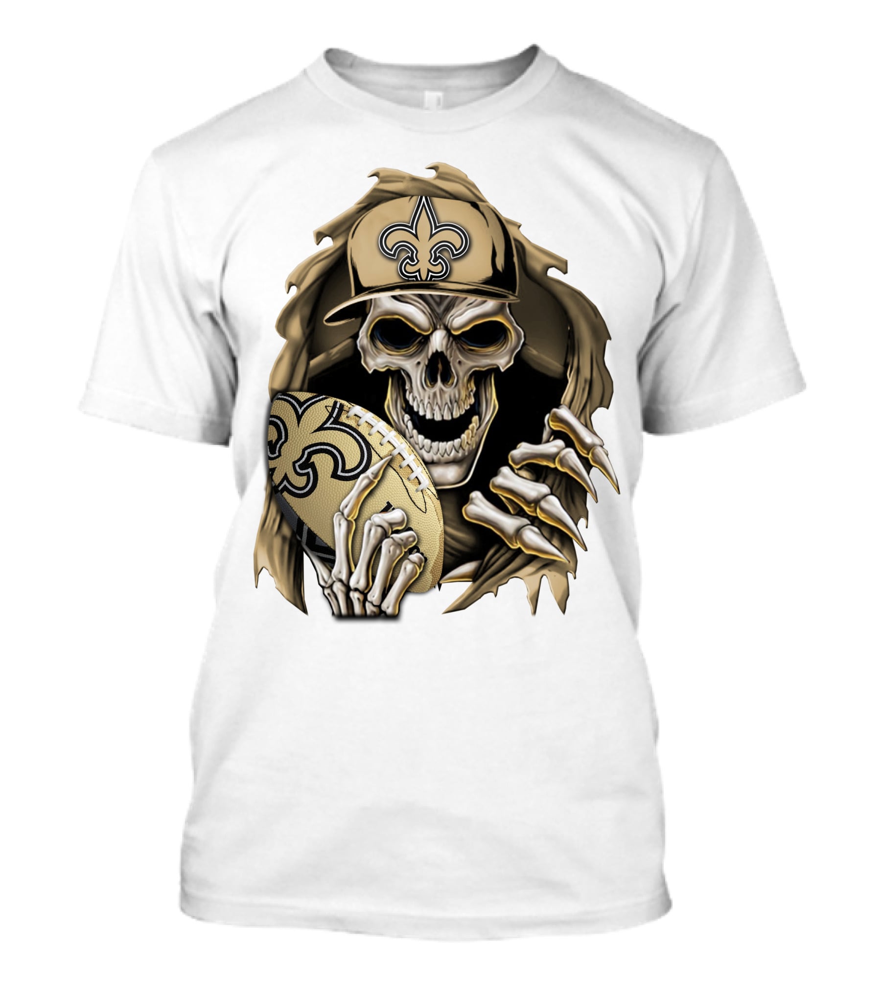 Skullbong New Orleans Saints Skeleton Holding Football With Fleur-de-Lis Cap T-Shirt