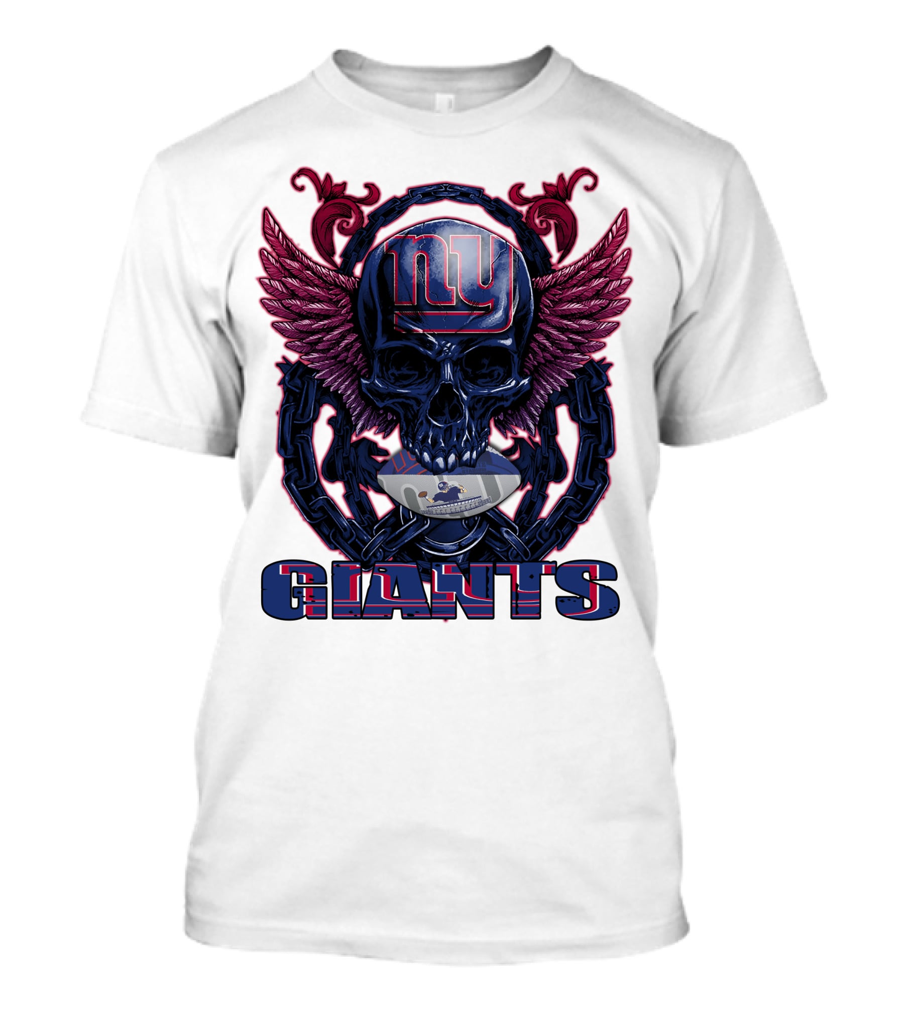 Skullfb New York Giants Winged Skull Design With Football Helmet And Chains T-Shirt
