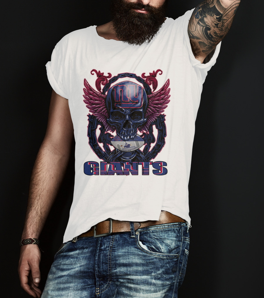 Skullfb New York Giants Winged Skull Design With Football Helmet And Chains T-Shirt