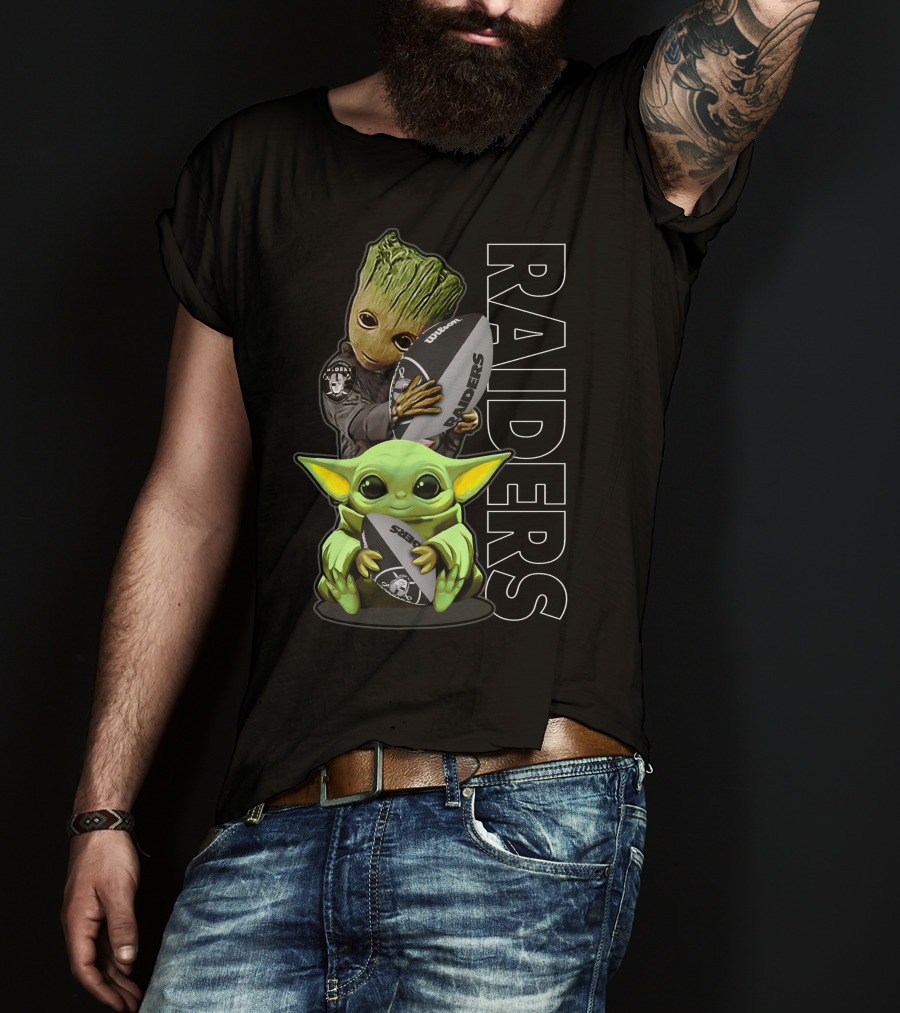 Grzd Oakland Raiders Groot Baby Yoda Football T-Shirt