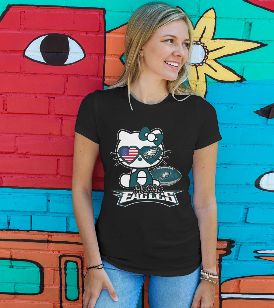 Hello Kitty Philadelphia Eagles Football USA Flag T-Shirt